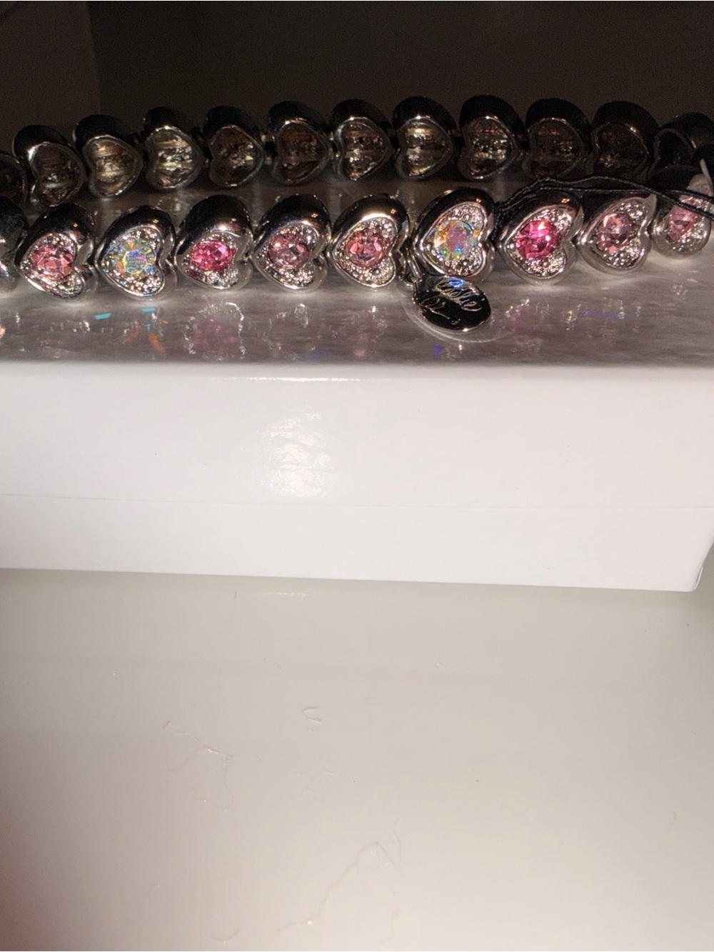 Silver Heart Link Bracelet with Pink and Iridescent genuine Austrian crystals
